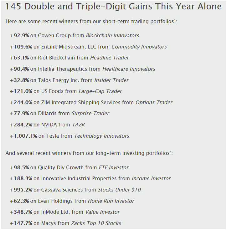 screenshot of Zacks short and long term stock picks.